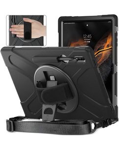 Mobigear SureGrip XGuard Coque Samsung Galaxy Tab S8 Ultra Coque arrière en Plastique rigide,Silicone + Porte-crayon + Bandoulière + Support Amovible - Noir