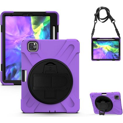 Mobigear SureGrip XGuard Coque iPad Pro 11 Pouces (2022) Coque arrière en Plastique rigide,Silicone + Porte-crayon + Bandoulière + Support Amovible - Noir / Violet