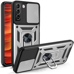 Mobigear Armor Ring Cam Slide Coque Samsung Galaxy S22 Coque arrière Rigide Anti-Chocs avec Anneau-Support et Protecteur Lentilles - Argent