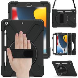 Mobigear SureGrip XGuard Coque iPad 9 (2021) Coque arrière en Plastique rigide,Silicone + Porte-crayon + Bandoulière + Support Amovible - Noir