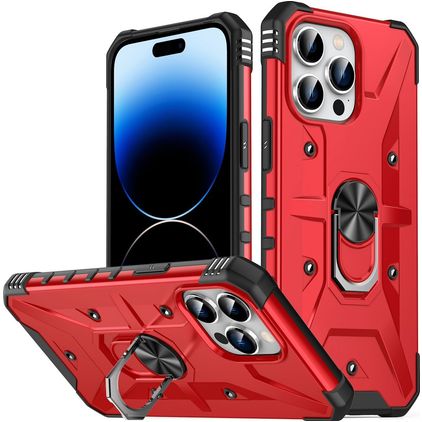 Mobigear Armor Ring Coque iPhone 14 Pro Max Coque arrière Rigide Anti-Chocs avec Anneau-Support - Rouge