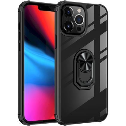 Mobigear Crystal Ring Coque iPhone 14 Pro Max Coque arrière Rigide avec Anneau-Support - Transparent / Noir