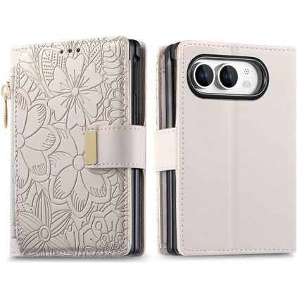 Mobigear Flowers Housse iPhone Duo Etui Porte-Monnaie - Beige