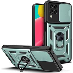 Mobigear Armor Ring Cam Slide Samsung Galaxy M53 Plastique rigide Coque arrière Antichoc avec bague de maintien - Vert