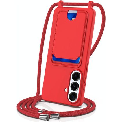 Mobigear Lanyard Card Samsung Galaxy S26 Plus Coque avec cordon en Silicone et Porte-Cartes - Rouge