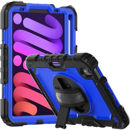 Mobigear SureGrip Xtreme Coque iPad Mini 7 (2024) Coque arrière en Plastique rigide,Silicone + Porte-crayon + Bandoulière + Support Amovible - Noir / Bleu