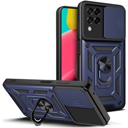 Mobigear Armor Ring Cam Slide Samsung Galaxy M53 Plastique rigide Coque arrière Antichoc avec bague de maintien - Bleu