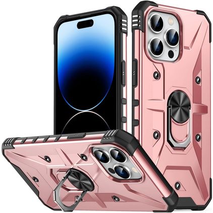 Mobigear Armor Ring Coque iPhone 14 Pro Max Coque arrière Rigide Anti-Chocs avec Anneau-Support - Rose doré
