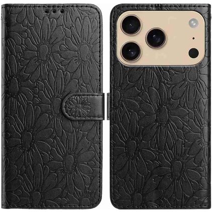 Mobigear Flowers Housse iPhone 17 Pro Etui Porte-Monnaie - Noir