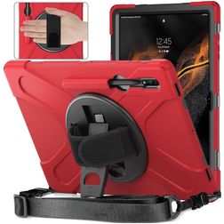 Mobigear SureGrip XGuard Coque Samsung Galaxy Tab S8 Ultra Coque arrière en Plastique rigide,Silicone + Porte-crayon + Bandoulière + Support Amovible - Rouge
