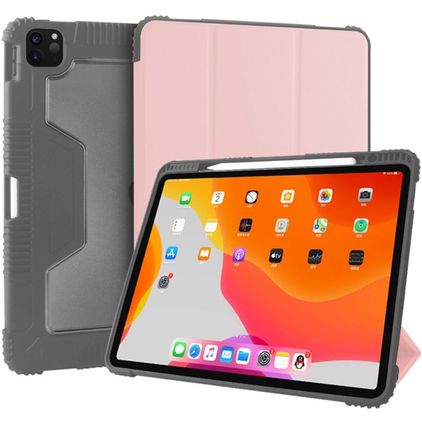 Mutural Tri-Fold Tough Coque iPad Pro 12.9 Pouces (2021) Etui + Porte-crayon - Noir / Rose doré