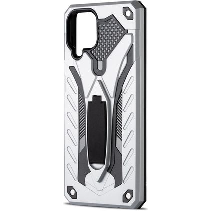 Mobigear Armor Stand Coque Samsung Galaxy A12 Coque arrière Rigide Anti-Chocs avec Support Amovible - Argent