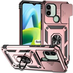 Mobigear Armor Ring Cam Slide Xiaomi Redmi A1 4G Plastique rigide Coque arrière Antichoc avec bague de maintien et cache caméra coulissant - Rose doré