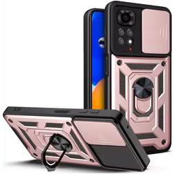 Mobigear Armor Ring Cam Slide Coque Xiaomi Redmi Note 11S 4G Coque arrière Rigide Anti-Chocs avec Anneau-Support et Protecteur Lentilles - Rose doré