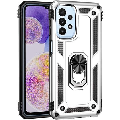 Mobigear Armor Ring Samsung Galaxy A23 Plastique rigide Coque arrière Antichoc avec bague de maintien - Argent