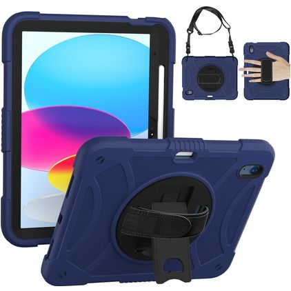 Mobigear SureGrip Coque iPad 10 (2022) Coque arrière en Plastique rigide,Silicone + Porte-crayon + Bandoulière + Support Amovible - Noir / Bleu