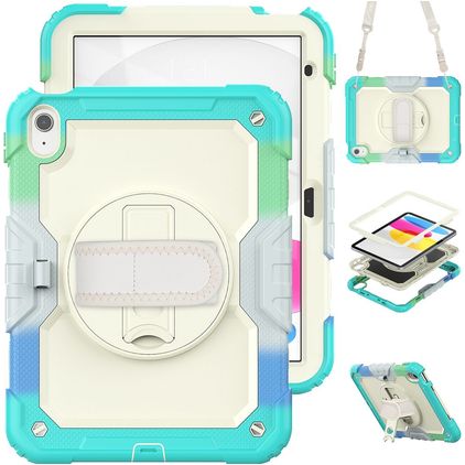 Mobigear SureGrip Xtreme Coque iPad 10 (2022) Coque arrière en Plastique rigide,Silicone + Bandoulière + Support Amovible - Blanc / Turquoise