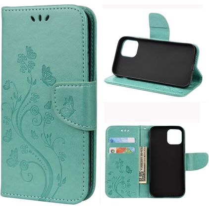 Mobigear Flowers Housse iPhone 12 Mini Etui Porte-Monnaie - Turquoise