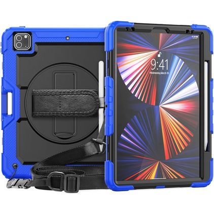 Mobigear SureGrip Xtreme Coque iPad Pro 12.9 Pouces (2021) Coque arrière en Plastique rigide,Silicone + Porte-crayon + Bandoulière + Support Amovible - Noir / Bleu