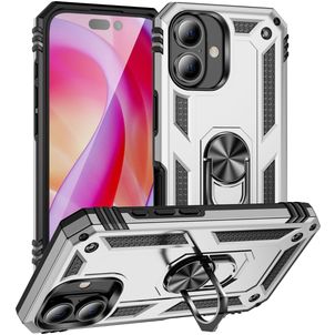 Mobigear Armor Ring Coque iPhone 16 Coque arrière Rigide Anti-Chocs avec Anneau-Support - Argent