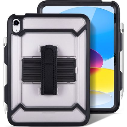 Mobigear SureGrip Slim Coque iPad 10 (2022) Coque arrière en Plastique rigide,Silicone + Porte-crayon + Support Amovible - Transparent / Noir