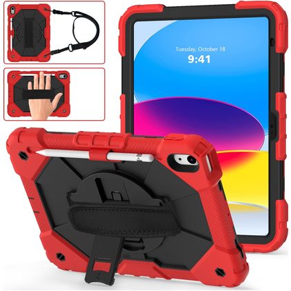 Mobigear SureGrip Xtreme Coque iPad 10 (2022) Coque arrière en Plastique rigide,Silicone + Porte-crayon + Bandoulière + Support Amovible - Rouge