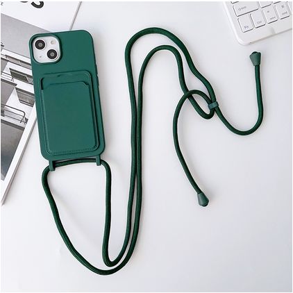 Mobigear Lanyard Card iPhone 15 Coque avec cordon en Silicone et Porte-Cartes - Vert