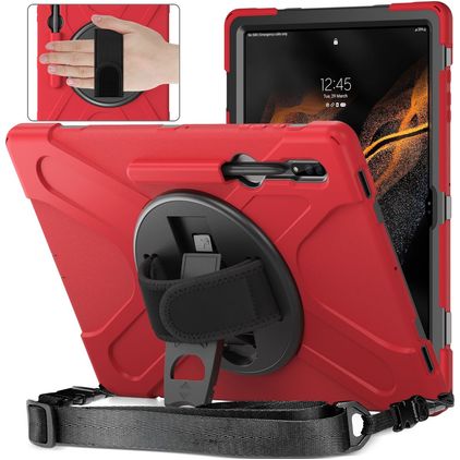 Mobigear SureGrip XGuard Coque Samsung Galaxy Tab S8 Ultra Coque arrière en Plastique rigide,Silicone + Porte-crayon + Bandoulière + Support Amovible - Rouge