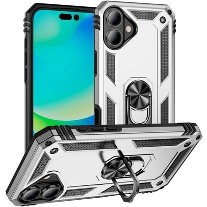 Mobigear Armor Ring iPhone 17 Plastique rigide Coque arrière Antichoc avec bague de maintien - Argent