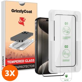 GrizzlyCoat AlignPro iPhone 15 Pro Max Verre trempé Protection d'écran - Compatible Coque + Cadre d'installation - Noir (Lot de 3)