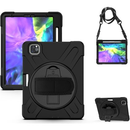 Mobigear SureGrip XGuard Coque iPad Pro 12.9 Pouces (2020) Coque arrière en Plastique rigide,Silicone + Porte-crayon + Bandoulière + Support Amovible - Noir
