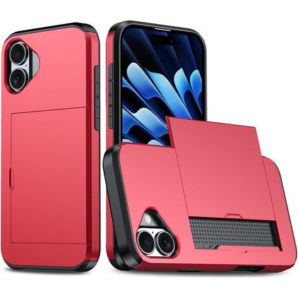Mobigear Card Coque iPhone 16 Coque arrière Rigide Anti-Chocs avec Porte-Cartes - Rouge