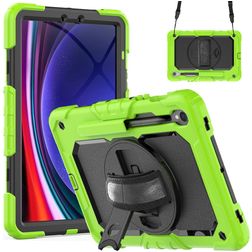 Mobigear SureGrip Xtreme Coque Samsung Galaxy Tab S9 FE Coque arrière en Plastique rigide,Silicone + Porte-crayon + Bandoulière + Support Amovible - Vert