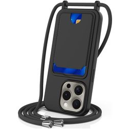Mobigear Lanyard Card iPhone 16 Pro Coque avec cordon en Silicone et Porte-Cartes - Noir