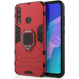 Mobigear Armor Ring Huawei P40 Lite E Plastique rigide Coque arrière Antichoc avec bague de maintien - Rouge