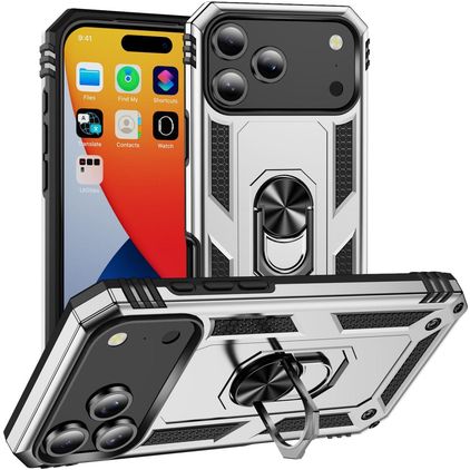 Mobigear Armor Ring Coque iPhone 18 Pro Max Coque arrière Rigide Anti-Chocs avec Anneau-Support - Argent