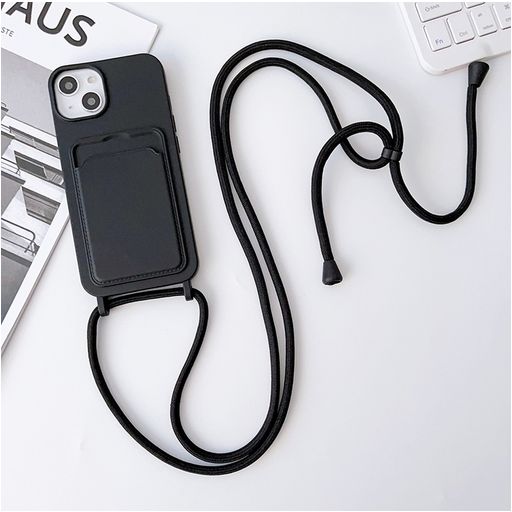 Mobigear Lanyard Card iPhone 15 Coque avec cordon en Silicone et Porte-Cartes - Noir