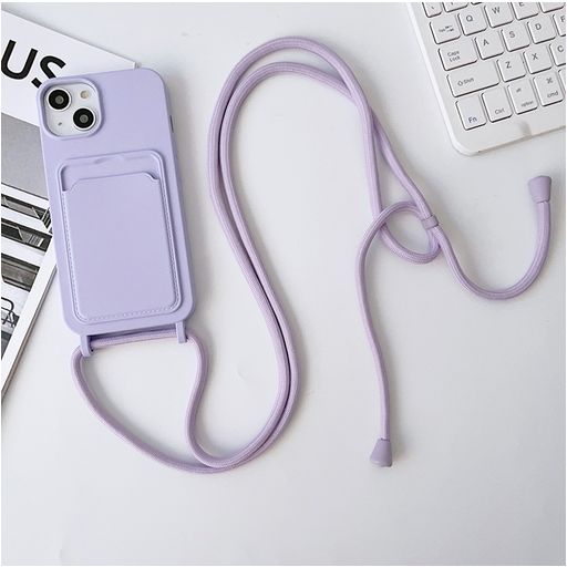 Mobigear Lanyard Card iPhone 15 Coque avec cordon en Silicone et Porte-Cartes - Violet