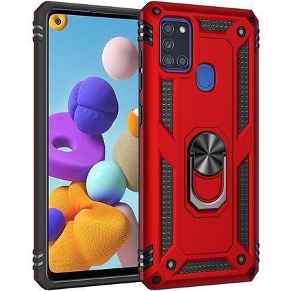 Mobigear Armor Ring Samsung Galaxy A21s Plastique rigide Coque arrière Antichoc avec bague de maintien - Rouge