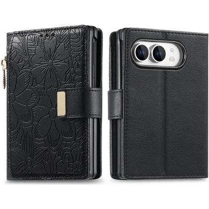 Mobigear Flowers Housse iPhone Duo Etui Porte-Monnaie - Noir