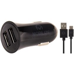 Mobilize - Double USB Chargeur voiture USB-C 1 mètre 12W 2.4A - Noir