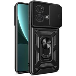 Mobigear Armor Ring Cam Slide Motorola Edge 40 Neo Plastique rigide Coque arrière Antichoc avec bague de maintien et cache caméra coulissant - Noir