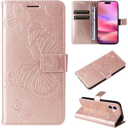 Mobigear Butterfly Housse iPhone 16 Etui Porte-Monnaie - Rose doré