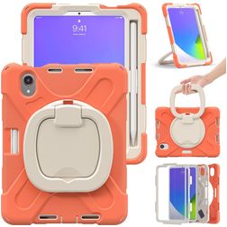 Mobigear RingGuard Coque iPad Mini 7 (2024) Coque arrière en Plastique rigide,Silicone + Porte-crayon + Bandoulière + Support Amovible - Orange