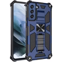 Mobigear Armor Stand Coque Samsung Galaxy S21 FE Coque arrière Rigide Anti-Chocs avec Support Amovible - Bleu