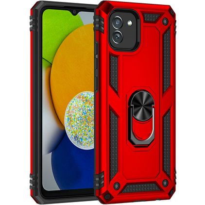 Mobigear Armor Ring Samsung Galaxy A03 Plastique rigide Coque arrière Antichoc avec bague de maintien - Rouge
