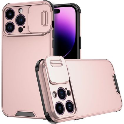 Mobigear Cam Slide Coque iPhone 14 Pro Max Coque arrière Rigide avec Protecteur Lentilles - Rose doré