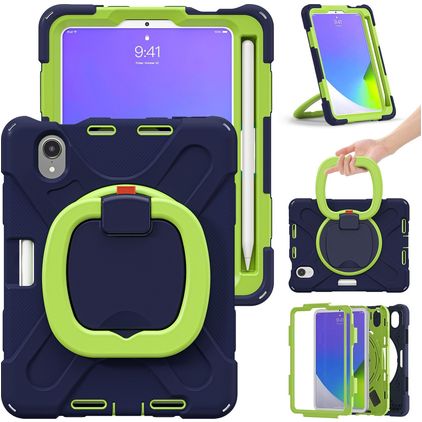 Mobigear RingGuard Coque iPad Mini 7 (2024) Coque arrière en Plastique rigide,Silicone + Porte-crayon + Bandoulière + Support Amovible - Bleu / Vert