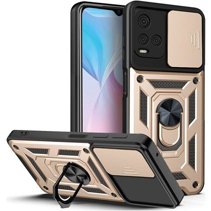 Mobigear Armor Ring Cam Slide Coque Vivo Y21s Coque arrière Rigide Anti-Chocs avec Anneau-Support et Protecteur Lentilles - Or