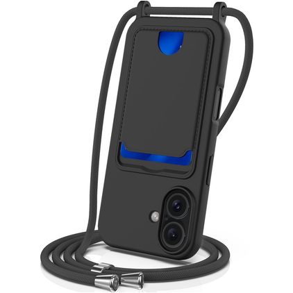 Mobigear Lanyard Card iPhone 16 Plus Coque avec cordon en Silicone et Porte-Cartes - Noir